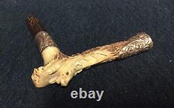 Victorian Carved Stag Walking Stick/ Parasol/ Cane Handle with Gold Filled Mounts