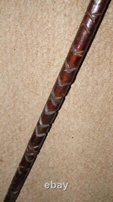 Victorian Carved Walking Stick Hallmarked 1893 Silver Collar & Antler Handle