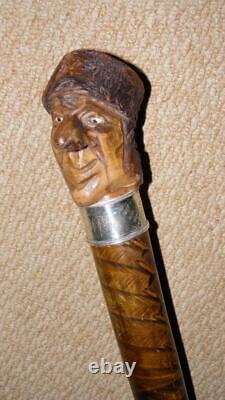 Victorian Gadget Smoking Pipe Walking Stick Carved Man & Hallmarked 1882 Silver