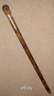 Victorian Gadget Smoking Pipe Walking Stick Carved Man & Hallmarked 1882 Silver