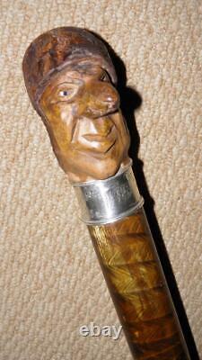 Victorian Gadget Smoking Pipe Walking Stick Carved Man & Hallmarked 1882 Silver