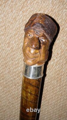 Victorian Gadget Smoking Pipe Walking Stick Carved Man & Hallmarked 1882 Silver