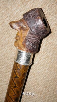 Victorian Gadget Smoking Pipe Walking Stick Carved Man & Hallmarked 1882 Silver