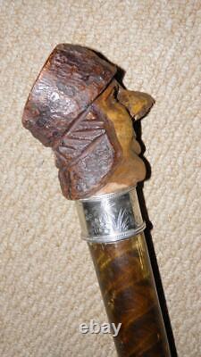 Victorian Gadget Smoking Pipe Walking Stick Carved Man & Hallmarked 1882 Silver