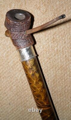 Victorian Gadget Smoking Pipe Walking Stick Carved Man & Hallmarked 1882 Silver