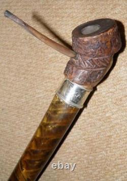 Victorian Gadget Smoking Pipe Walking Stick Carved Man & Hallmarked 1882 Silver