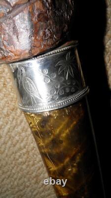 Victorian Gadget Smoking Pipe Walking Stick Carved Man & Hallmarked 1882 Silver