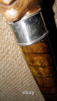 Victorian Gadget Smoking Pipe Walking Stick Carved Man & Hallmarked 1882 Silver