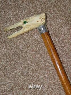 Victorian Hallmarked 1890 Silver Walking Cane WithIntricate Hand Carved Dragon Top