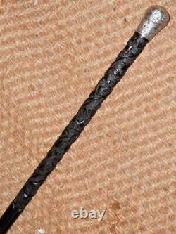 Victorian Hand-Carved Clover Irish Bog Oak Walking Stick/Cane H/M Silver-1885