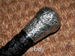 Victorian Hand-Carved Clover Irish Bog Oak Walking Stick/Cane H/M Silver-1885