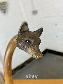 Victorian Hand-Carved Treen Fox Head Umbrella Stick/Cane-Glass Eyes Antique