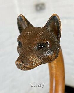 Victorian Hand-Carved Treen Fox Head Umbrella Stick/Cane-Glass Eyes Antique