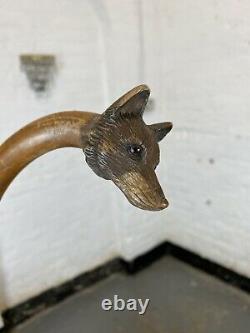 Victorian Hand-Carved Treen Fox Head Umbrella Stick/Cane-Glass Eyes Antique