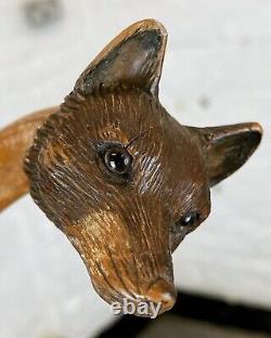 Victorian Hand-Carved Treen Fox Head Umbrella Stick/Cane-Glass Eyes Antique