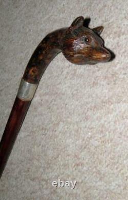 Victorian Hand-Carved Treen Fox Head Walking Stick/Cane-Glass Eyes-Silver-1901