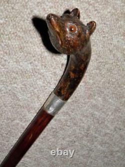 Victorian Hand-Carved Treen Fox Head Walking Stick/Cane-Glass Eyes-Silver-1901