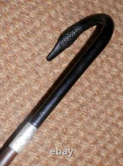 Victorian Ladies Hand-Carved Ebony Black Swan Walking Stick/Cane-Silver H/M 1899