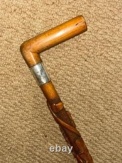Victorian Swansea Walking Stick Cane Hallmarked 1890 Silver & Carved Oak Tree