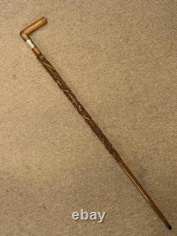 Victorian Swansea Walking Stick Cane Hallmarked 1890 Silver & Carved Oak Tree