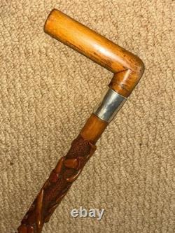 Victorian Swansea Walking Stick Cane Hallmarked 1890 Silver & Carved Oak Tree Victorian Swansea Walking Stick Cane Hallmarked 1890 Silver & Carved Oak Tree