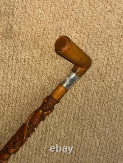 Victorian Swansea Walking Stick Cane Hallmarked 1890 Silver & Carved Oak Tree