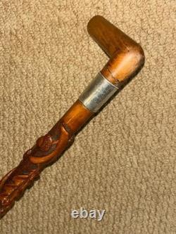Victorian Swansea Walking Stick Cane Hallmarked 1890 Silver & Carved Oak Tree