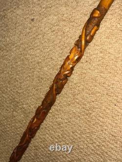 Victorian Swansea Walking Stick Cane Hallmarked 1890 Silver & Carved Oak Tree