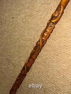 Victorian Swansea Walking Stick Cane Hallmarked 1890 Silver & Carved Oak Tree
