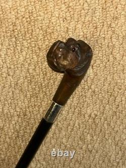 Victorian Walking Stick Cane Carved Bull Breed Dog & Hallmarked 1896 Silver