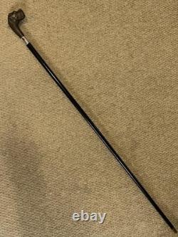 Victorian Walking Stick Cane Carved Bull Breed Dog & Hallmarked 1896 Silver
