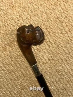 Victorian Walking Stick Cane Carved Bull Breed Dog & Hallmarked 1896 Silver