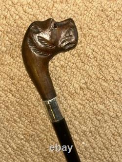 Victorian Walking Stick Cane Carved Bull Breed Dog & Hallmarked 1896 Silver