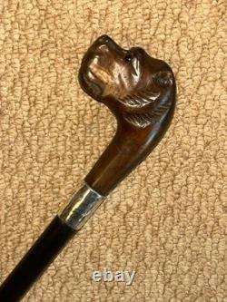 Victorian Walking Stick Cane Carved Bull Breed Dog & Hallmarked 1896 Silver