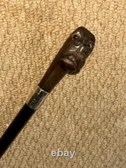Victorian Walking Stick Cane Carved Bull Breed Dog & Hallmarked 1896 Silver