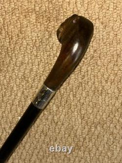 Victorian Walking Stick Cane Carved Bull Breed Dog & Hallmarked 1896 Silver