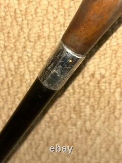 Victorian Walking Stick Cane Carved Bull Breed Dog & Hallmarked 1896 Silver