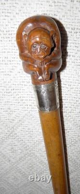 Victorian Walking Stick / Cane Hand Carved Ape Hallmarked Silver Collar 1894