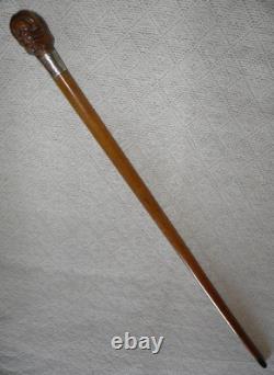 Victorian Walking Stick / Cane Hand Carved Ape Hallmarked Silver Collar 1894