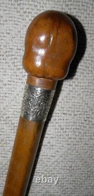 Victorian Walking Stick / Cane Hand Carved Ape Hallmarked Silver Collar 1894