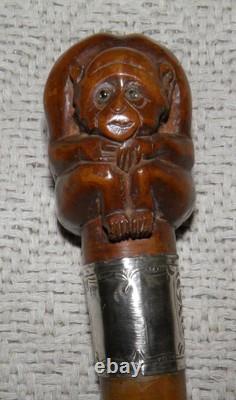 Victorian Walking Stick / Cane Hand Carved Ape Hallmarked Silver Collar 1894
