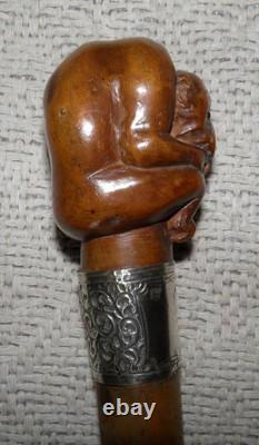 Victorian Walking Stick / Cane Hand Carved Ape Hallmarked Silver Collar 1894