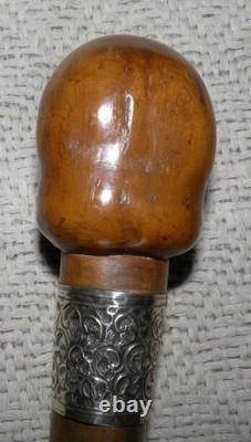 Victorian Walking Stick / Cane Hand Carved Ape Hallmarked Silver Collar 1894