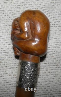 Victorian Walking Stick / Cane Hand Carved Ape Hallmarked Silver Collar 1894