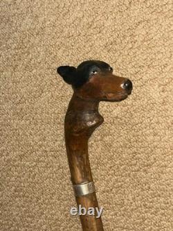 Victorian Walking Stick / Cane Hand-Carved Dobermann Dog Hallmarked 1900 Silver