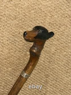 Victorian Walking Stick / Cane Hand-Carved Dobermann Dog Hallmarked 1900 Silver
