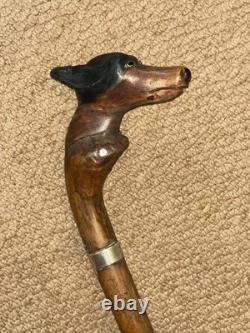Victorian Walking Stick / Cane Hand-Carved Dobermann Dog Hallmarked 1900 Silver