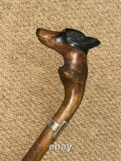 Victorian Walking Stick / Cane Hand-Carved Dobermann Dog Hallmarked 1900 Silver