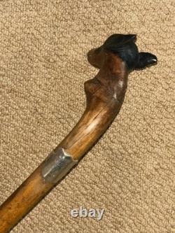 Victorian Walking Stick / Cane Hand-Carved Dobermann Dog Hallmarked 1900 Silver