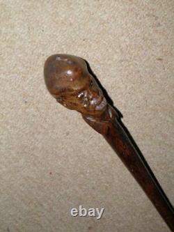 Victorian Walking Stick/Cane Hand Carved Grotesque Caricature Head- Glass Eyes